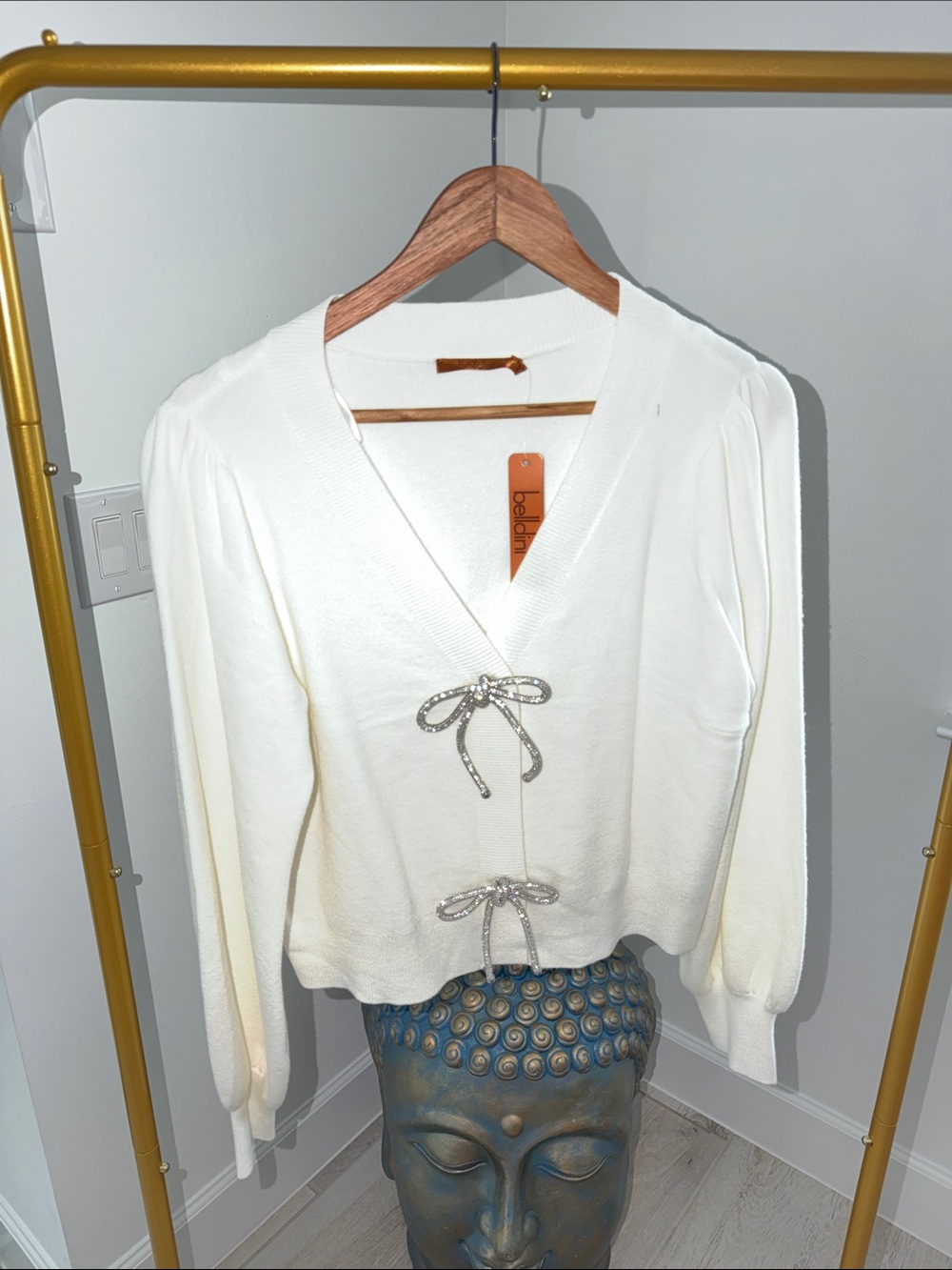 Cream V-Neck Tie-Front Knit Top